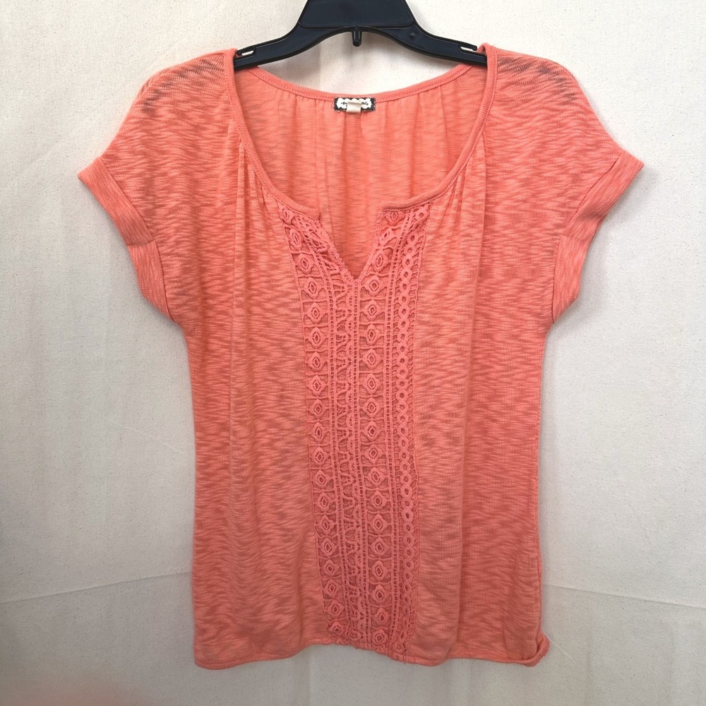 Eyeshadow Boho Cottage Coral Crochet Lace Slub Knit Cap Sleeve Top Sz. M Stretch